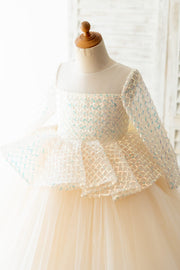 Long Sleeves Champagne Sequin Tulle Hi Low Wedding Flower