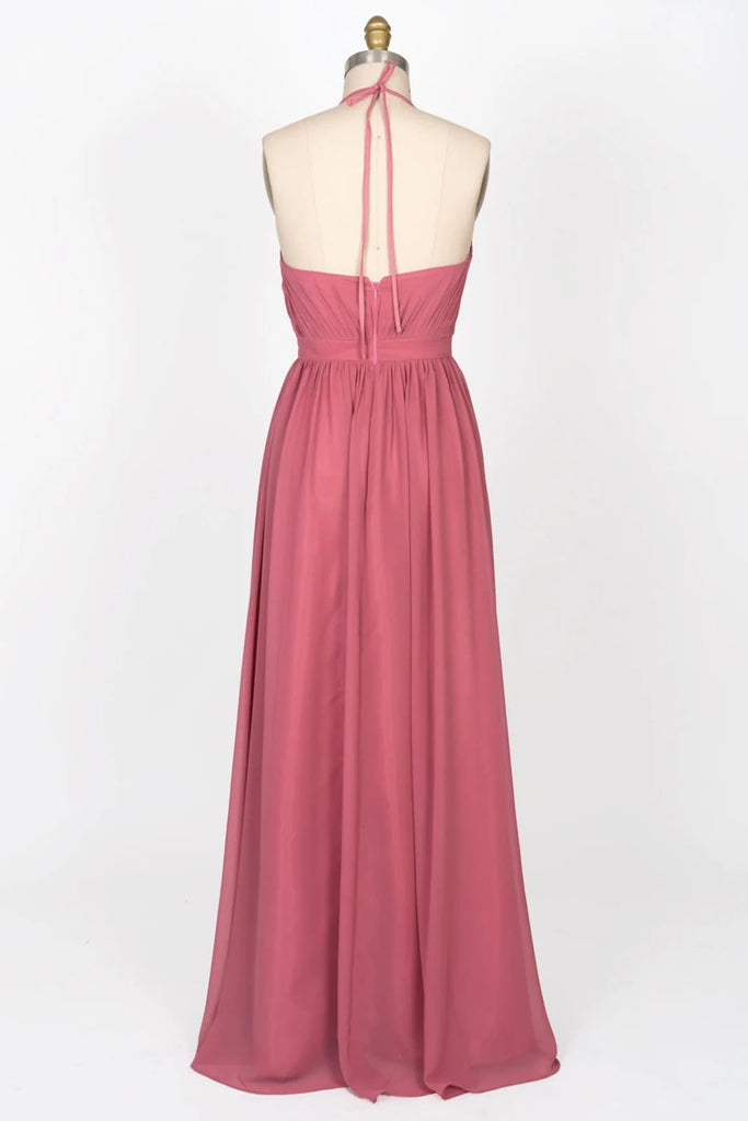 Illusion High Neck Halter Backless Long Chiffon Bridesmaid