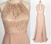 High Neck Sleeveless Apricot Lace Chiffon Sheath Bridesmaid