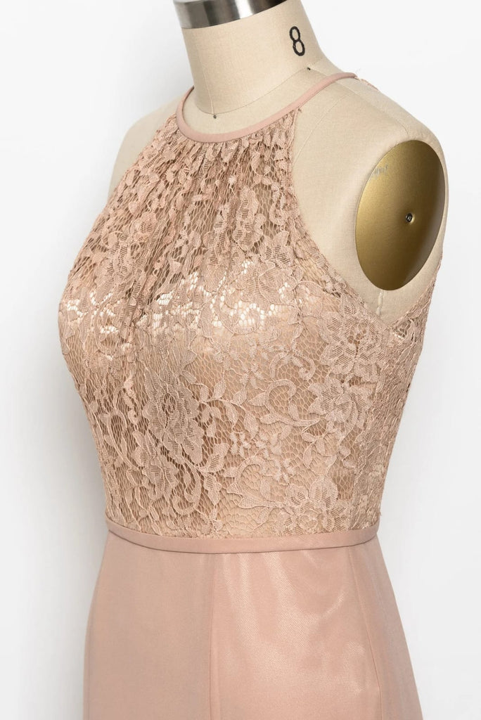High Neck Sleeveless Apricot Lace Chiffon Sheath Bridesmaid