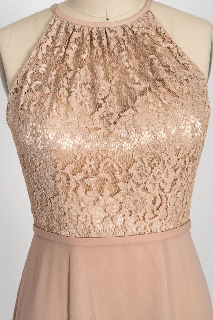 High Neck Sleeveless Apricot Lace Chiffon Sheath Bridesmaid