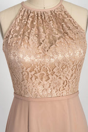High Neck Sleeveless Apricot Lace Chiffon Sheath Bridesmaid