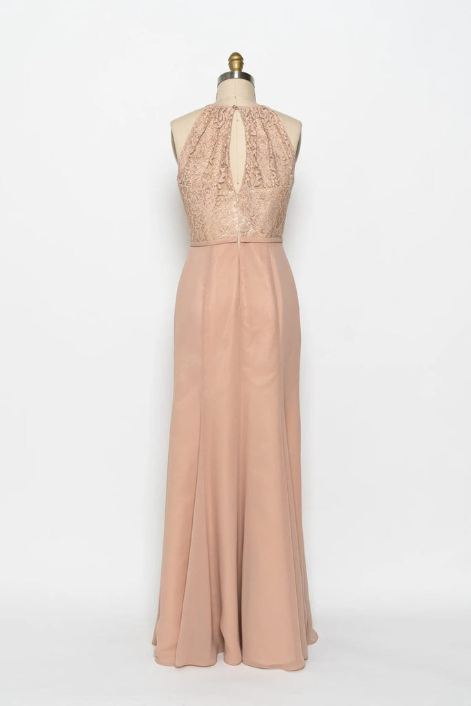 High Neck Sleeveless Apricot Lace Chiffon Sheath Bridesmaid
