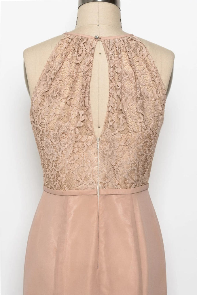 High Neck Sleeveless Apricot Lace Chiffon Sheath Bridesmaid