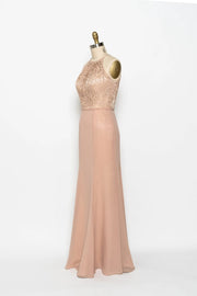 High Neck Sleeveless Apricot Lace Chiffon Sheath Bridesmaid