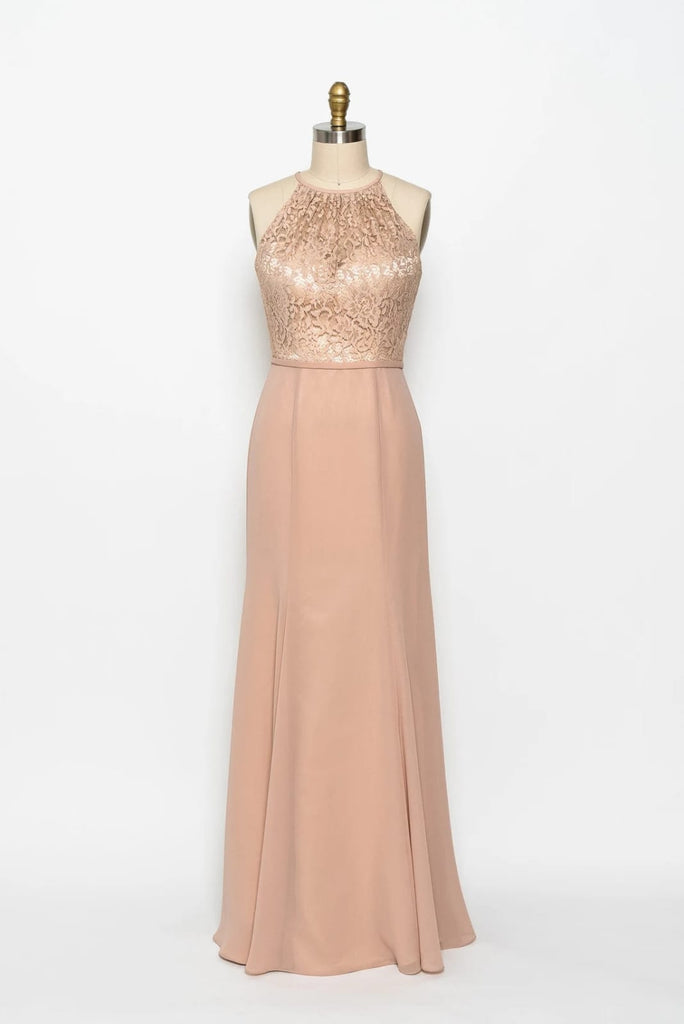 High Neck Sleeveless Apricot Lace Chiffon Sheath Bridesmaid