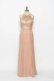 High Neck Sleeveless Apricot Lace Chiffon Sheath Bridesmaid