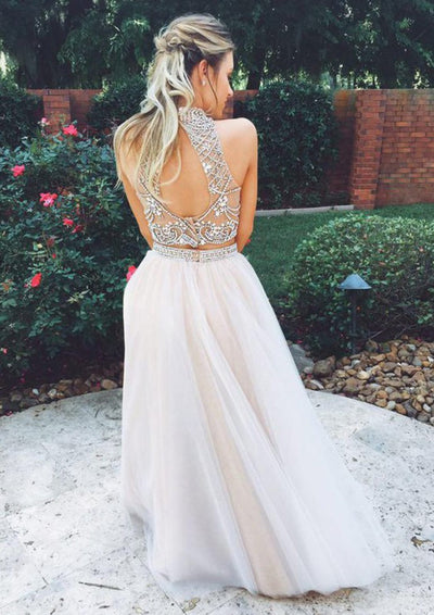 High Neck Sleeveless Keyhole Back Tulle Beading Long Two