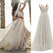 Bohemian Spaghetti Riemen V-Ausschnitt Lace-up Court Spitze Brautkleid