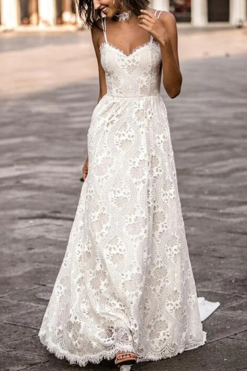 French Chantilly Lace Boho A-line Chiffon Wedding Dress