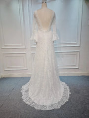 A-line Flounce Sleeve Open Back Floor Length Lace Boho Wedding Dress