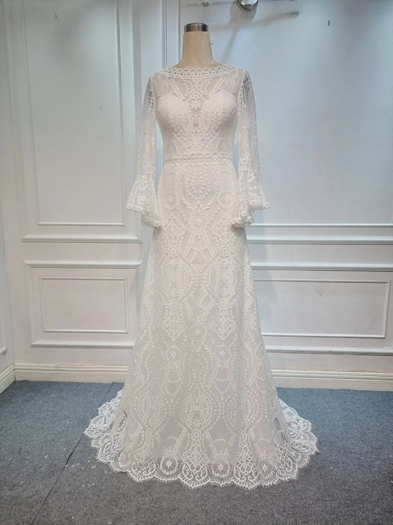 A-line Flounce Sleeve Open Back Floor Length Lace Boho Wedding Dress
