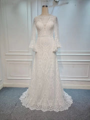 A-line Flounce Sleeve Open Back Floor Length Lace Boho Wedding Dress