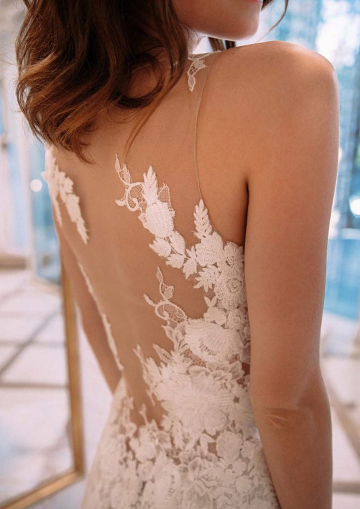 Illusion Back A-Line Bateau Sweep Ivory Lace Tulle Wedding