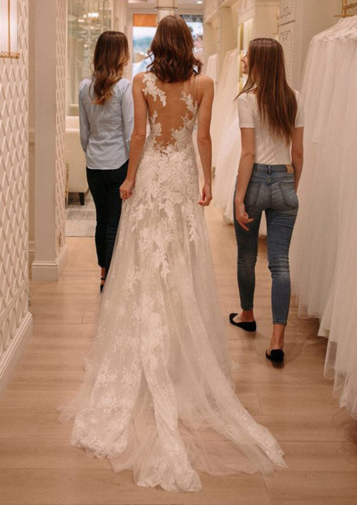 Illusion Back A-Line Bateau Sweep Ivory Lace Tulle Wedding