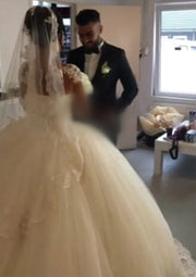 Illusion Bateau Lace Tulle Ball Gown Wedding Dress Beaded -