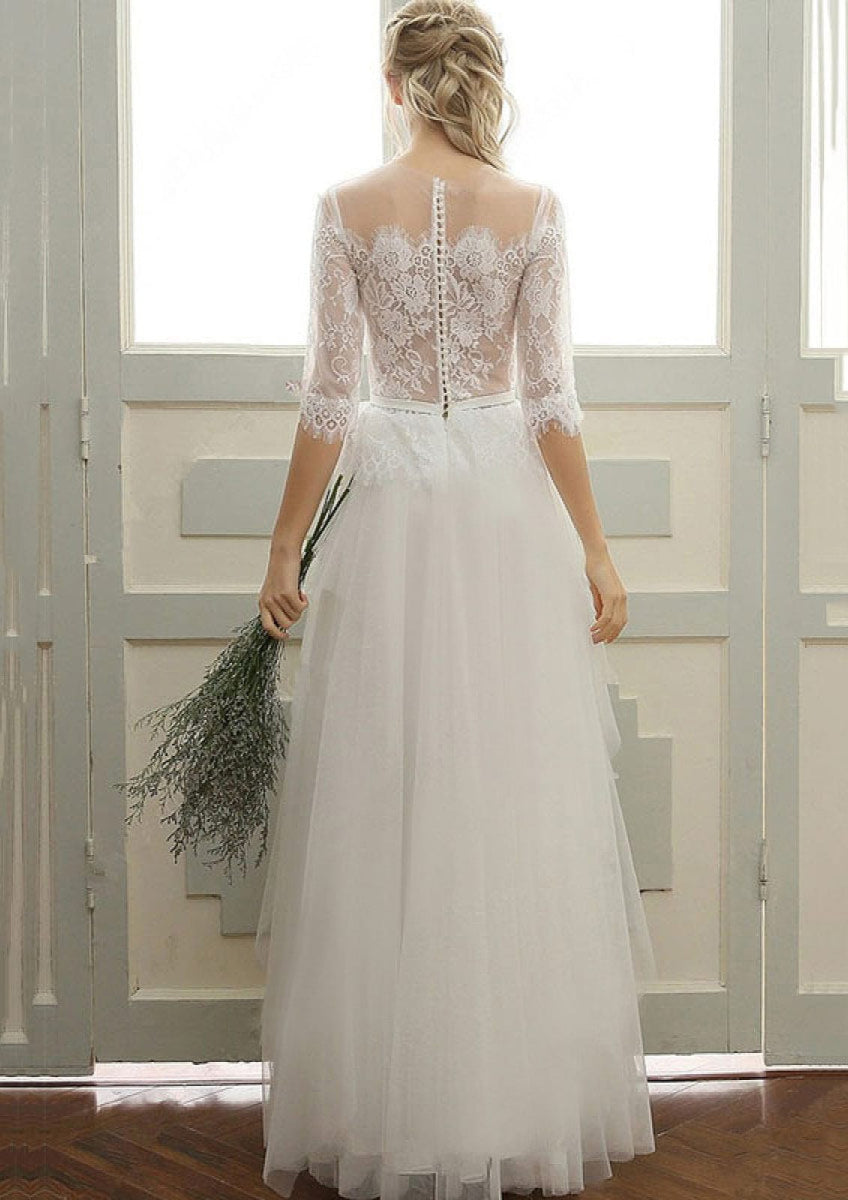 Ball Gown Plunging Long Sleeve Lace Tulle Wedding Dress, Buttons