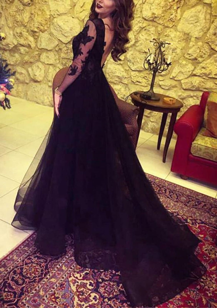 Lantern Sleeve V-Neck High Split Black Prom Dress