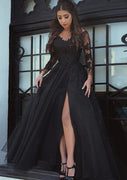 Illusion Long Sleeve V Back Black Lace Tulle Split Prom Dress