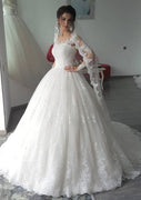 Illusion Long Sleeve Court Lace Ball Gown Bridal Wedding Dress