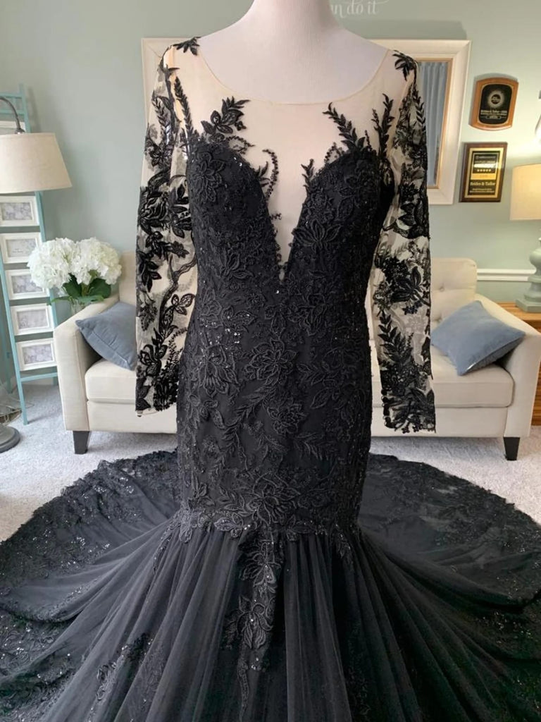 Illusion Long Sleeve Lace Tulle Trumpet Black Wedding Dress