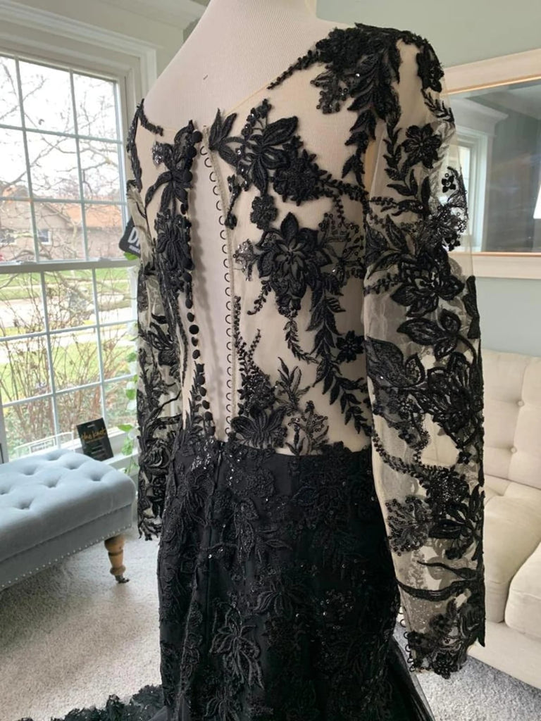 Illusion Long Sleeve Lace Tulle Trumpet Black Wedding Dress