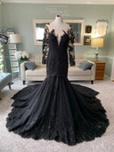 Illusion Long Sleeve Lace Tulle Trumpet Black Wedding Dress, Sequins