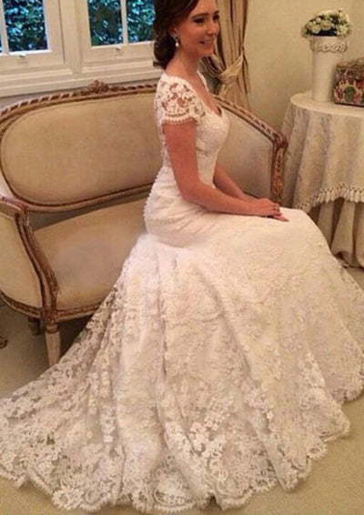Illusion Short Sleeve Trumpet Court Lace Wedding Dress
