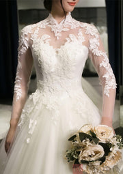 Illusion Sleeve Tulle Ball Gown High-Neck Cathedral Bridal