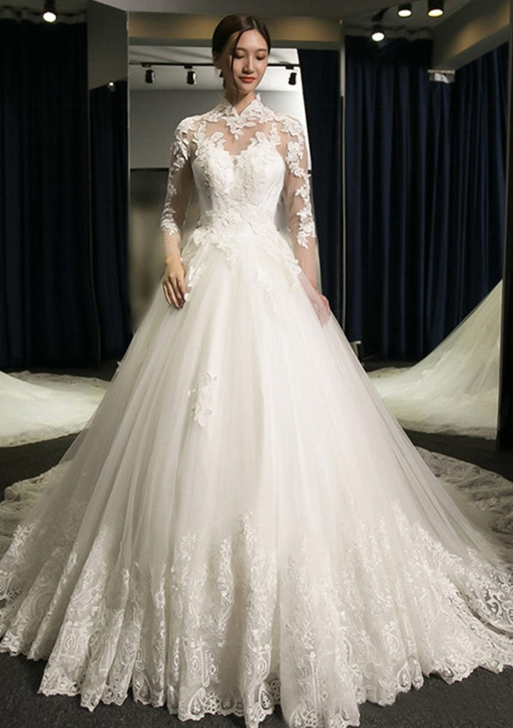 Illusion Sleeve Tulle Ball Gown High-Neck Cathedral Bridal