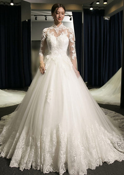 Illusion Sleeve Tulle Ball Gown High-Neck Cathedral Bridal 