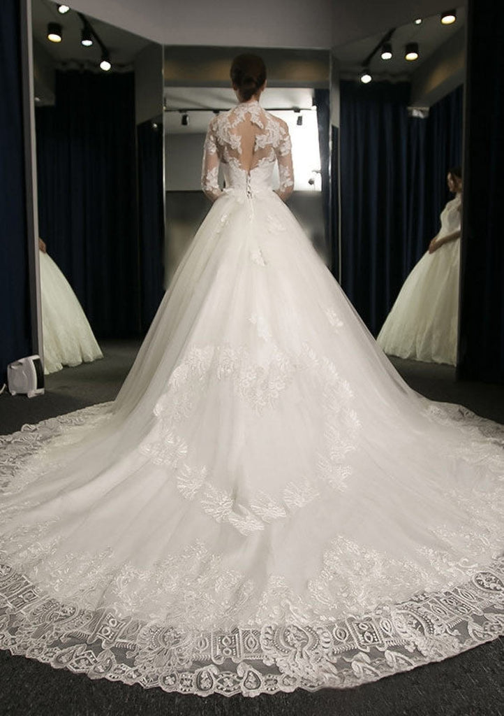 Illusion Sleeve Tulle Ball Gown High-Neck Cathedral Bridal