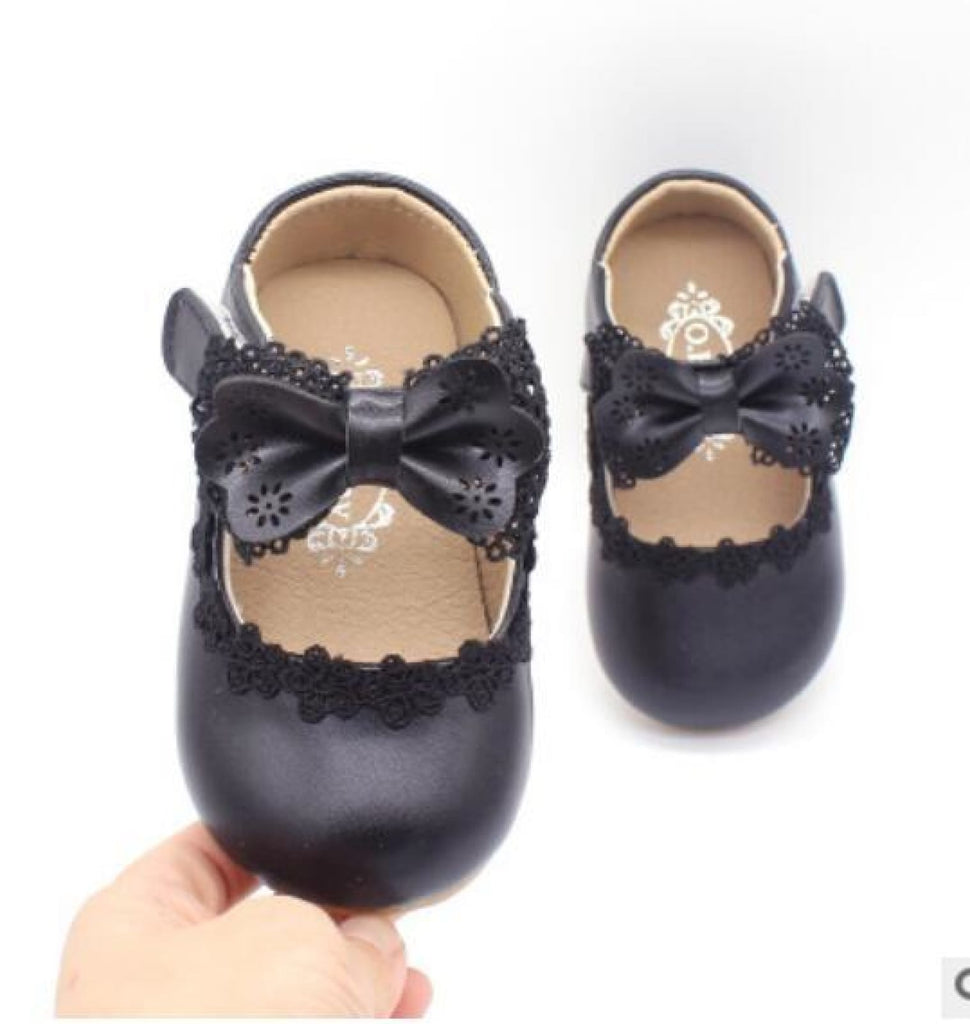 Ivory / Black / Pink Bowtie Cute Leather Flat Baby Girl