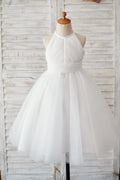 Ivory Chiffon Tulle Halter Neck Keyhole Back Wedding Flower Girl Dress