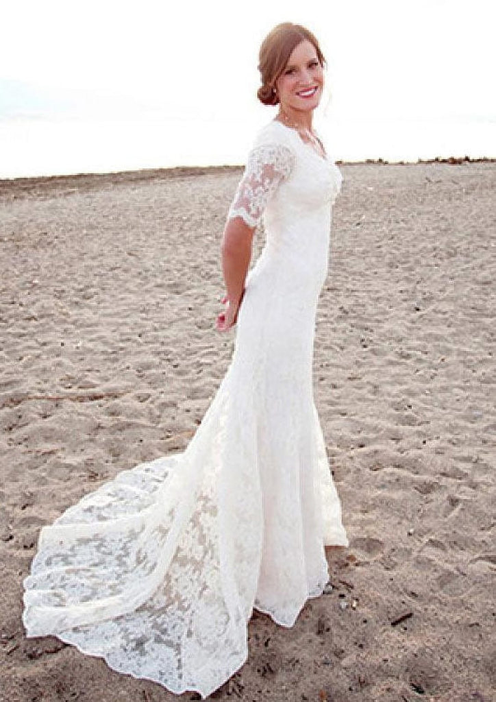 Ivory Court Train Half Sleeve Lace Sheath Bridal Wedding