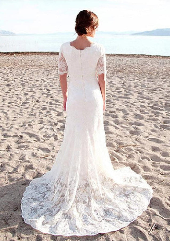 Ivory Court Train Half Sleeve Lace Sheath Bridal Wedding