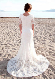 Ivory Court Train Half Sleeve Lace Sheath Bridal Wedding