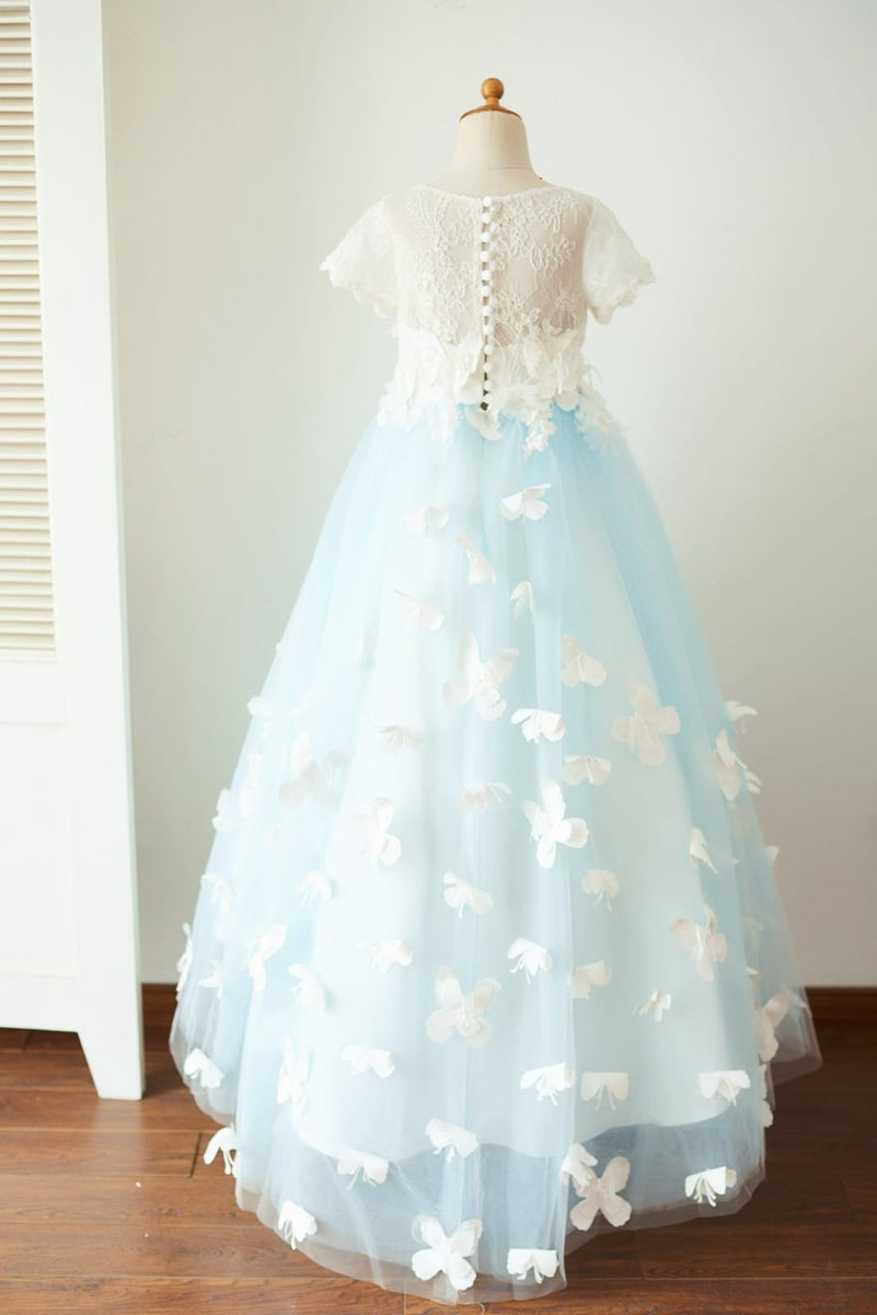 Ivory Lace Blue Tulle Short Sleeves Wedding Flower Girl Dress, Butterf