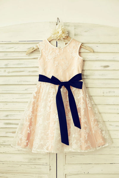 Lace Flower Girl Dress with Navy Blue Sash /Blush Pink