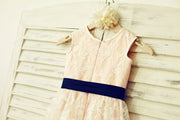 Lace Flower Girl Dress with Navy Blue Sash /Blush Pink 