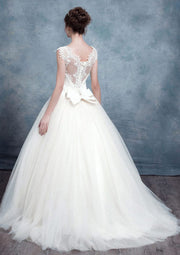 Ivory Lace Tulle Ball Gown Floor Length Wedding Dress