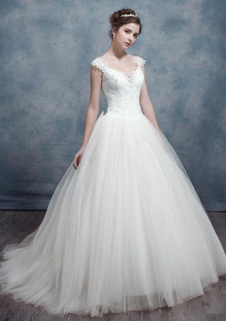 Ivory Lace Tulle Ball Gown Floor Length Wedding Dress
