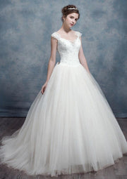 Ivory Lace Tulle Ball Gown Floor Length Wedding Dress