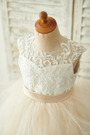 Ivory Lace Champagne Tulle Floor Length Wedding Flower Girl