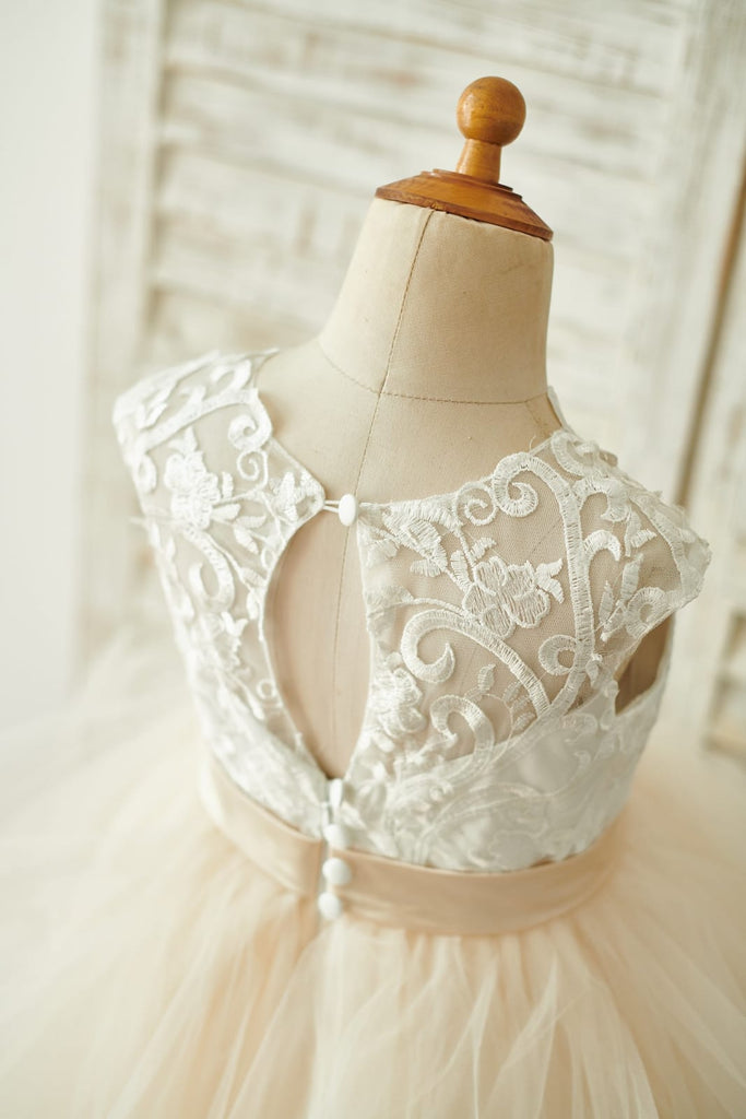 Ivory Lace Champagne Tulle Floor Length Wedding Flower Girl