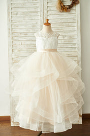 Ivory Lace Champagne Tulle Floor Length Wedding Flower Girl
