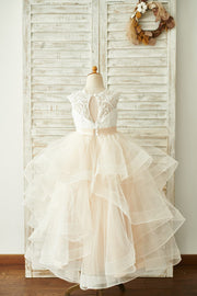 Ivory Lace Champagne Tulle Floor Length Wedding Flower Girl