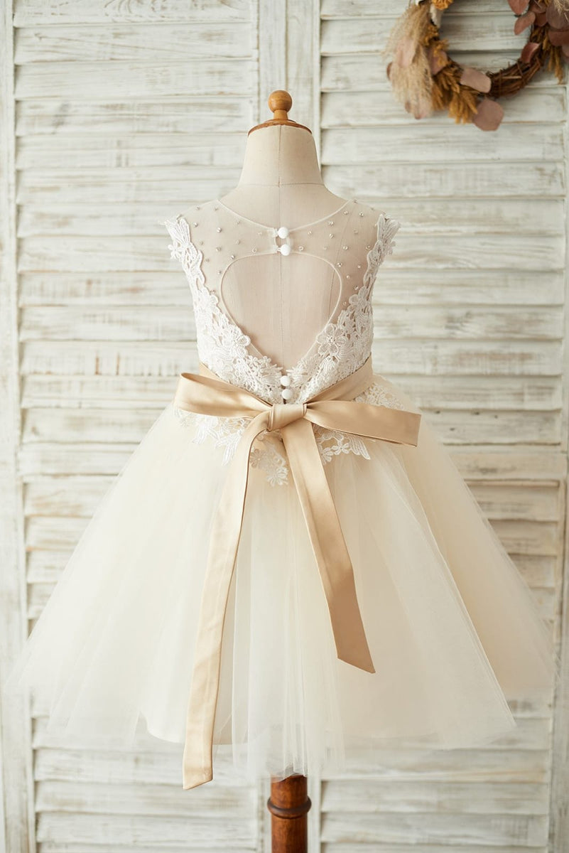 Cap Sleeves Gold Lace Black Tulle Wedding Party Flower Girl Dress main image 0