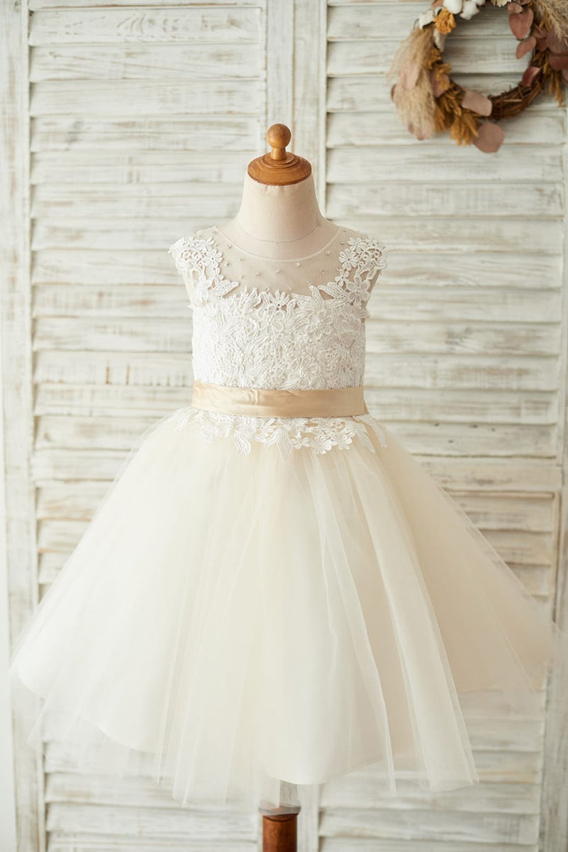 Ivory Lace Champagne Tulle Wedding Flower Girl Dress, Belt main image 0
