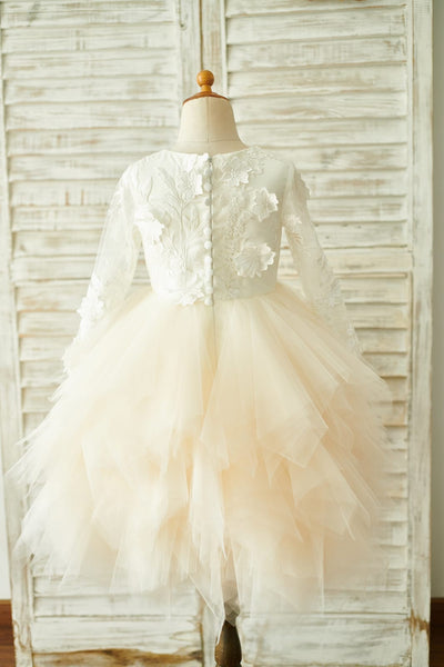 Ivory Lace Champagne Tulle Long Sleeves Wedding Flower Girl